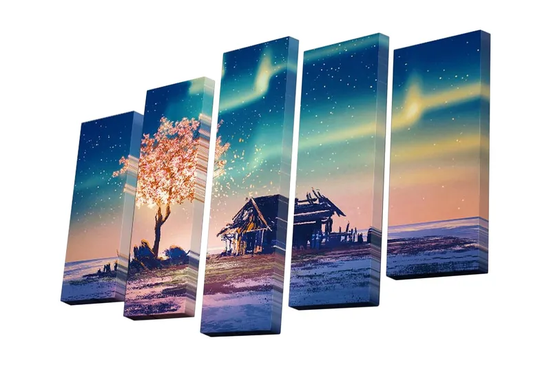 Canvastavla i 5 delar 82x50 cm - Blommande körsbärsträd vid en stjärnklar himmel över en landsbygdsscen - Rosa / Blå / Grön - Inredning - Tavlor & posters - Canvastavla