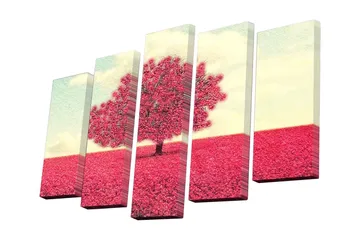 Canvastavla i 5 delar 82x50 cm - Blomstrande träd i en rosa landskapsscen - Rosa / Ljusblå / Beige - Inredning - Tavlor & posters - Canvastavla