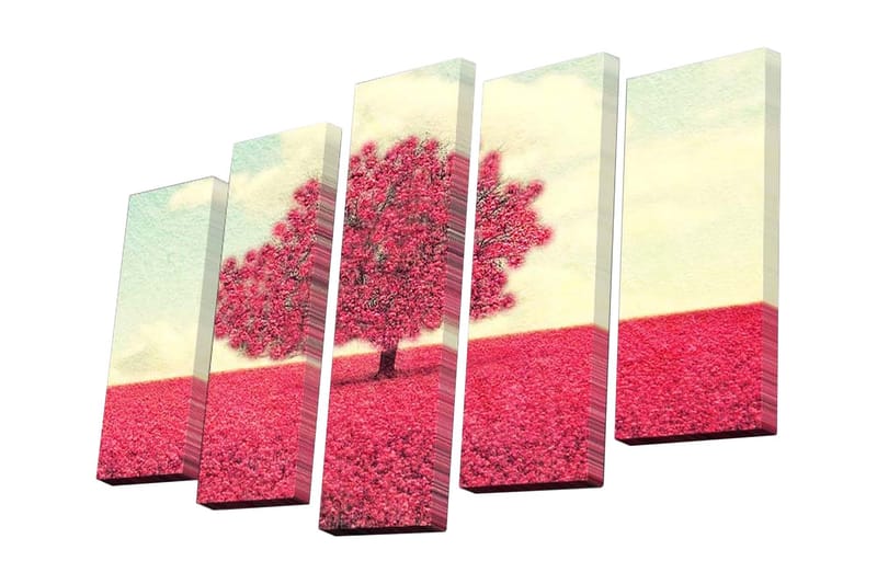 Canvastavla i 5 delar 82x50 cm - Blomstrande träd i en rosa landskapsscen - Rosa / Ljusblå / Beige - Inredning - Tavlor & posters - Canvastavla