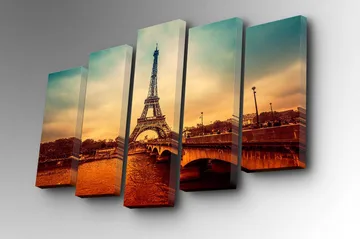 Canvastavla i 5 delar 82x50 cm - Eiffeltornet i en romantisk stadsbild vid solnedgången - Orange / Blå / Beige - Inredning - Tavlor & posters - Canvastavla