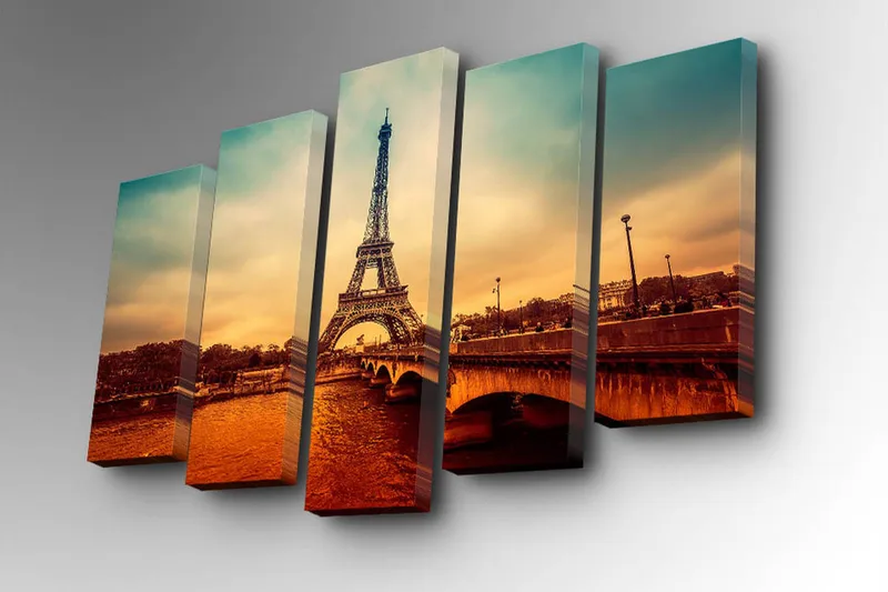 Canvastavla i 5 delar 82x50 cm - Eiffeltornet i en romantisk stadsbild vid solnedgången - Orange / Blå / Beige - Inredning - Tavlor & posters - Canvastavla
