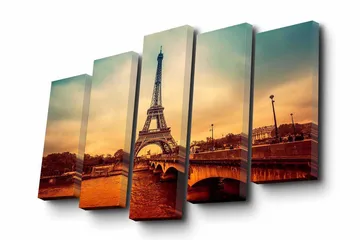 Canvastavla i 5 delar 82x50 cm - Eiffeltornet i en romantisk stadsbild vid solnedgången - Orange / Blå / Beige - Inredning - Tavlor & posters - Canvastavla