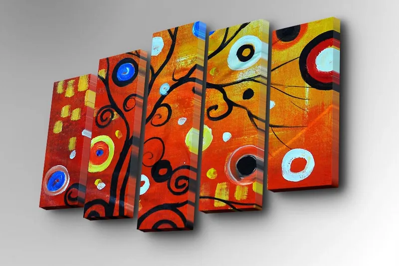 Canvastavla i 5 delar 82x50 cm - Färgglad abstrakt komposition med svarta spiraler och cirklar - Röd / Svart / Vit - Inredning - Tavlor & posters - Canvastavla