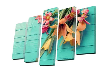 Canvastavla i 5 delar 82x50 cm - Färgglad bukett av blommor på en turkos bakgrund - Turkos / Orange / Rosa - Inredning - Tavlor & posters - Canvastavla
