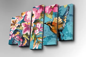 Canvastavla i 5 delar 82x50 cm - Färgglad kolibri omgiven av blommor - Turkos / Rosa / Grön - Inredning - Tavlor & posters - Canvastavla