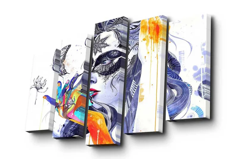 Canvastavla i 5 delar 82x50 cm - Färgglad kvinna med mask och konstnärlig handgest - Blå / Orange / Lila - Inredning - Tavlor & posters - Canvastavla