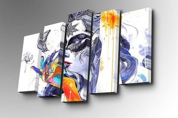 Canvastavla i 5 delar 82x50 cm - Färgglad kvinna med mask och konstnärlig handgest - Blå / Orange / Lila - Inredning - Tavlor & posters - Canvastavla