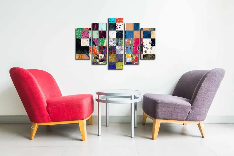 Canvastavla i 5 delar 82x50 cm - Färgglad mosaik av geometriska rutor - Grön / Blå / Röd - Inredning - Tavlor & posters - Canvastavla