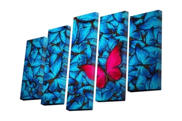 Canvastavla i 5 delar 82x50 cm - Färgglad samling av fjärilar med en framträdande rosa fjäril - Blå / Rosa - Inredning - Tavlor & posters - Canvastavla