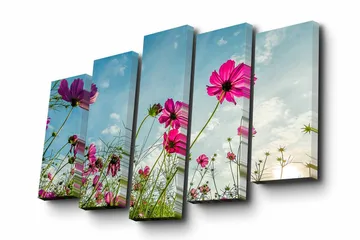 Canvastavla i 5 delar 82x50 cm - Färgglada blommor i en solig ängslandskap - Rosa / Grön / Blå - Inredning - Tavlor & posters - Canvastavla