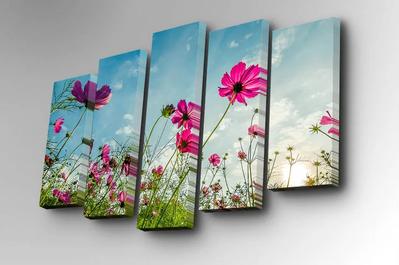 Canvastavla i 5 delar 82x50 cm - Färgglada blommor i en solig ängslandskap - Rosa / Grön / Blå - Inredning - Tavlor & posters - Canvastavla