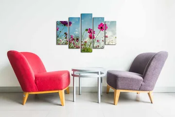 Canvastavla i 5 delar 82x50 cm - Färgglada blommor i en solig ängslandskap - Rosa / Grön / Blå - Inredning - Tavlor & posters - Canvastavla