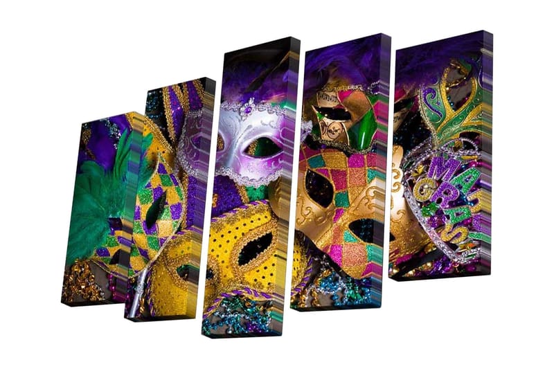 Canvastavla i 5 delar 82x50 cm - Färgglada masker med festliga detaljer - Lila / Guld / Grön - Inredning - Tavlor & posters - Canvastavla