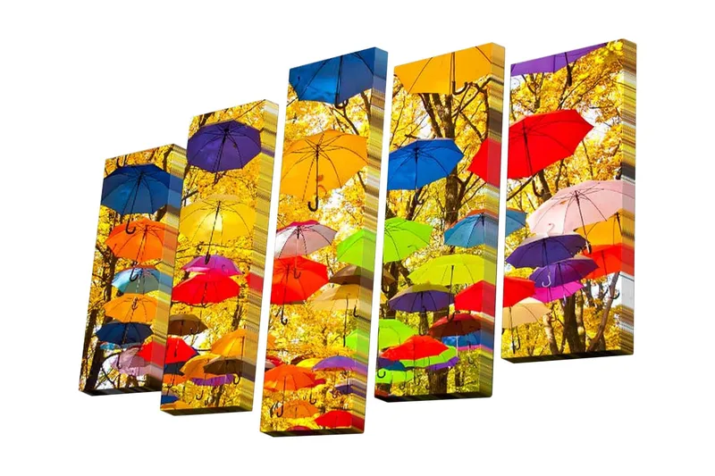 Canvastavla i 5 delar 82x50 cm - Färgglada paraplyer svävande över en höstig bakgrund - Gul / Blå / Röd - Inredning - Tavlor & posters - Canvastavla