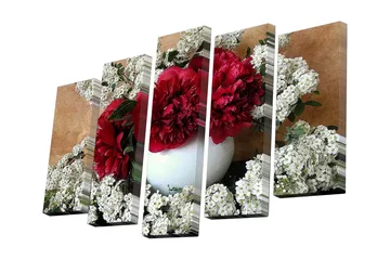 Canvastavla i 5 delar 82x50 cm - Färgrik bukett av röda blommor i en vit vas omgiven av vita blommor - Röd / Vit - Inredning - Tavlor & posters - Canvastavla
