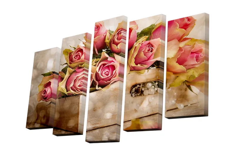 Canvastavla i 5 delar 82x50 cm - Färgrik bukett av rosor i en trälåda - Rosa / Grön / Beige - Inredning - Tavlor & posters - Canvastavla