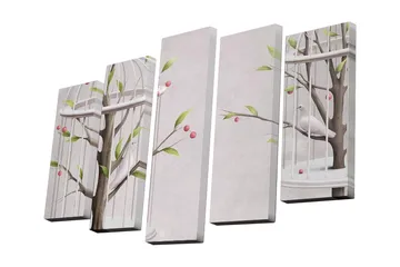 Canvastavla i 5 delar 82x50 cm - Fåglar i en bur omgivna av grenar och bär - Grön / Rosa / Brun - Inredning - Tavlor & posters - Canvastavla