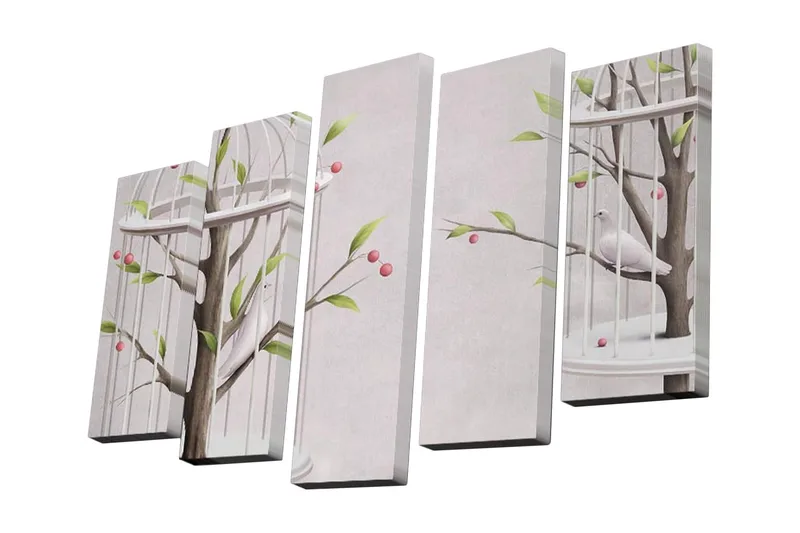 Canvastavla i 5 delar 82x50 cm - Fåglar i en bur omgivna av grenar och bär - Grön / Rosa / Brun - Inredning - Tavlor & posters - Canvastavla