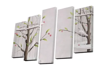 Canvastavla i 5 delar 82x50 cm - Fåglar i en bur omgivna av grenar och bär - Grön / Rosa / Brun - Inredning - Tavlor & posters - Canvastavla