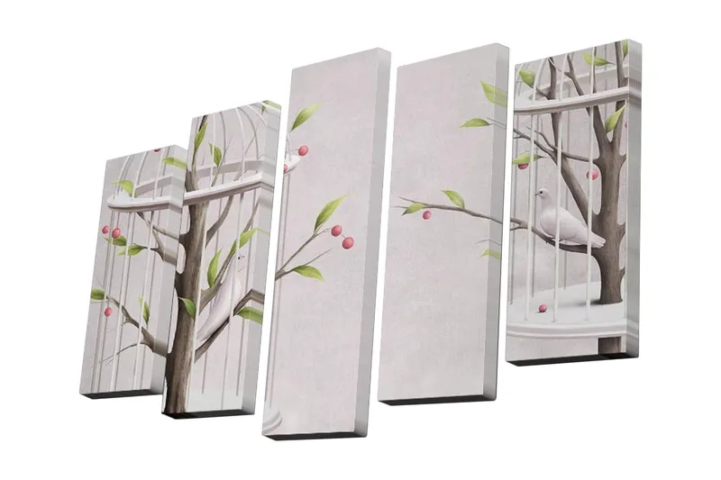 Canvastavla i 5 delar 82x50 cm - Fåglar i en bur omgivna av grenar och bär - Grön / Rosa / Brun - Inredning - Tavlor & posters - Canvastavla