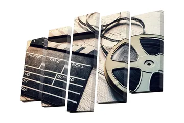 Canvastavla i 5 delar 82x50 cm - Filmklappa och filmrulle i nostalgisk stil - Svart / Grå / Beige - Inredning - Tavlor & posters - Canvastavla