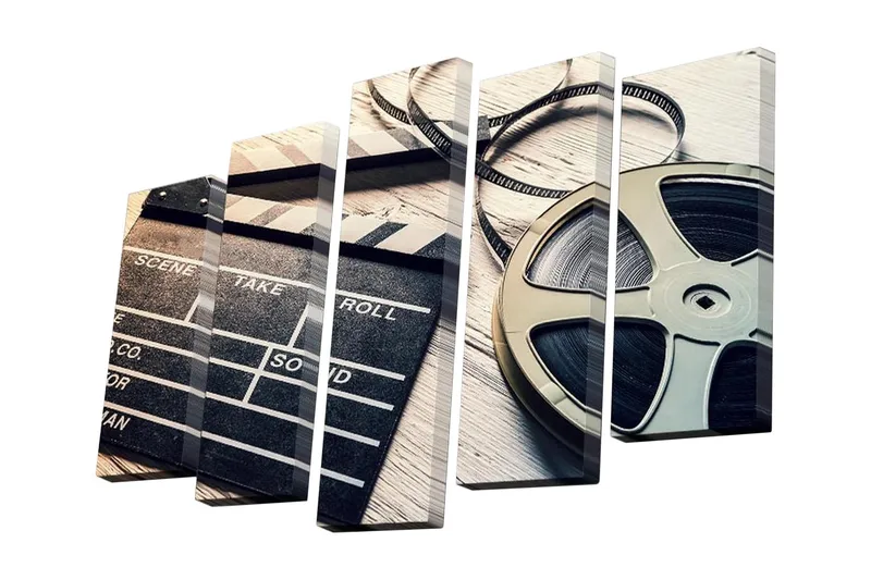 Canvastavla i 5 delar 82x50 cm - Filmklappa och filmrulle i nostalgisk stil - Svart / Grå / Beige - Inredning - Tavlor & posters - Canvastavla