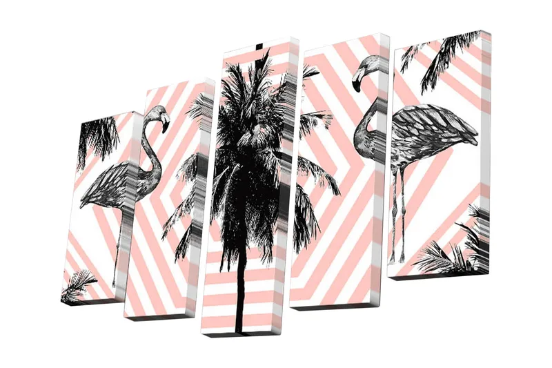Canvastavla i 5 delar 82x50 cm - Flamingos omgivna av palmer och geometriska mönster - Rosa / Svart / Vitt - Inredning - Tavlor & posters - Canvastavla