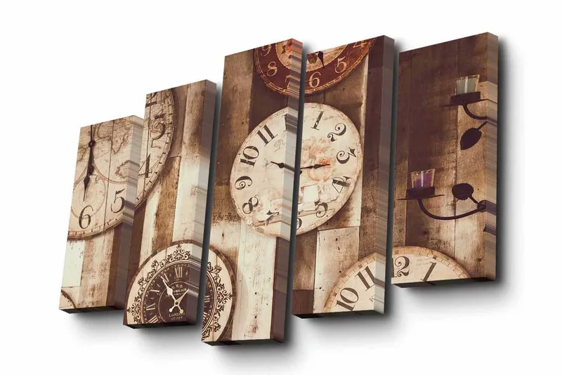 Canvastavla i 5 delar 82x50 cm - Flera vintage klockor på en träbakgrund - Beige / Brun / Svart - Inredning - Tavlor & posters - Canvastavla