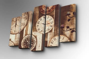 Canvastavla i 5 delar 82x50 cm - Flera vintage klockor på en träbakgrund - Beige / Brun / Svart - Inredning - Tavlor & posters - Canvastavla