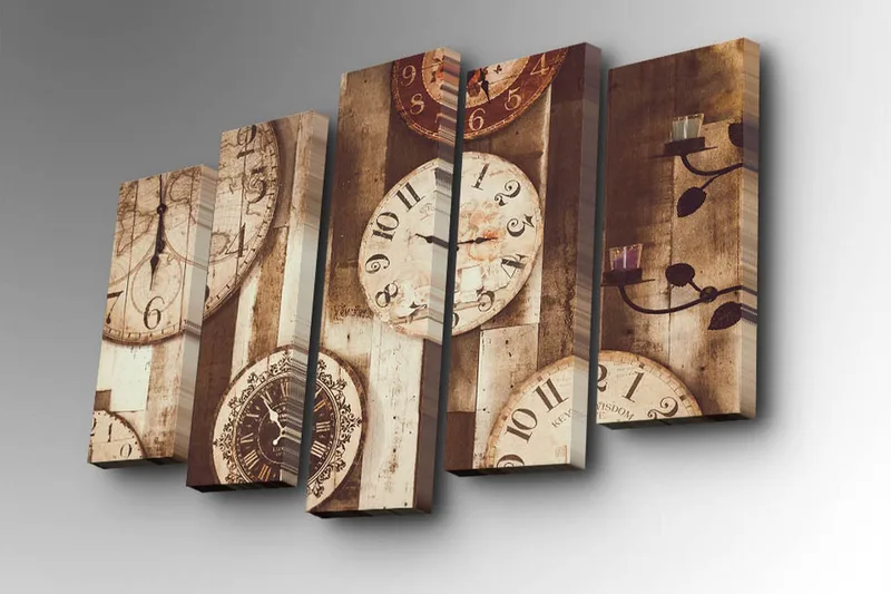 Canvastavla i 5 delar 82x50 cm - Flera vintage klockor på en träbakgrund - Beige / Brun / Svart - Inredning - Tavlor & posters - Canvastavla