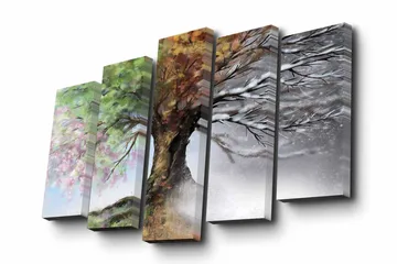 Canvastavla i 5 delar 82x50 cm - Fyrdelad tavla med ett träd som skiftar mellan årstiderna - Grön / Brun / Vit - Inredning - Tavlor & posters - Canvastavla