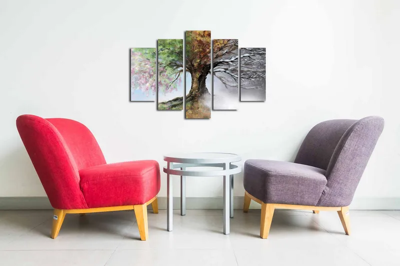 Canvastavla i 5 delar 82x50 cm - Fyrdelad tavla med ett träd som skiftar mellan årstiderna - Grön / Brun / Vit - Inredning - Tavlor & posters - Canvastavla