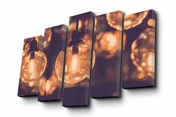 Canvastavla i 5 delar 82x50 cm - Glödande glödlampor i en mjuk bokeh-effekt - Guld / Mörkbrun / Transparent - Inredning - Tavlor & posters - Canvastavla