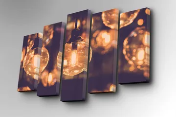 Canvastavla i 5 delar 82x50 cm - Glödande glödlampor i en mjuk bokeh-effekt - Guld / Mörkbrun / Transparent - Inredning - Tavlor & posters - Canvastavla