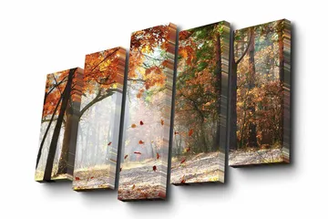 Canvastavla i 5 delar 82x50 cm - Höstlandskap med färgglada träd och fallande löv - Orange / Grön / Brun - Inredning - Tavlor & posters - Canvastavla