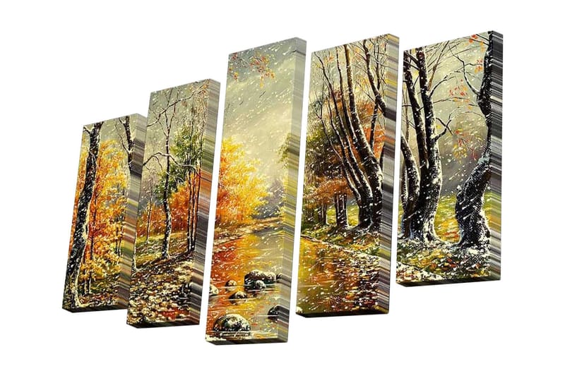 Canvastavla i 5 delar 82x50 cm - Höstlandskap med färgglada träd och spegelbild i vattnet - Orange / Grön / Brun - Inredning - Tavlor & posters - Canvastavla