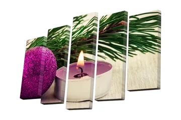 Canvastavla i 5 delar 82x50 cm - Juldekoration med lila julgranskula och brinnande ljus - Lila / Grön / Silver - Inredning - Tavlor & posters - Canvastavla