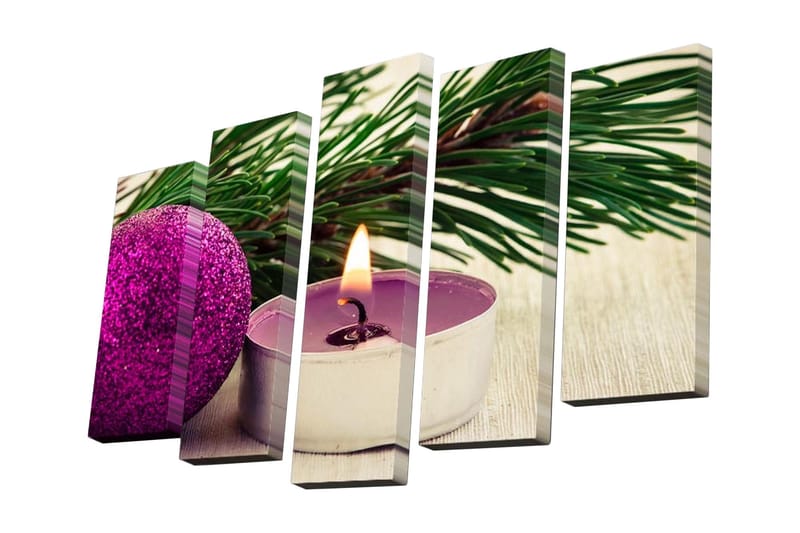 Canvastavla i 5 delar 82x50 cm - Juldekoration med lila julgranskula och brinnande ljus - Lila / Grön / Silver - Inredning - Tavlor & posters - Canvastavla