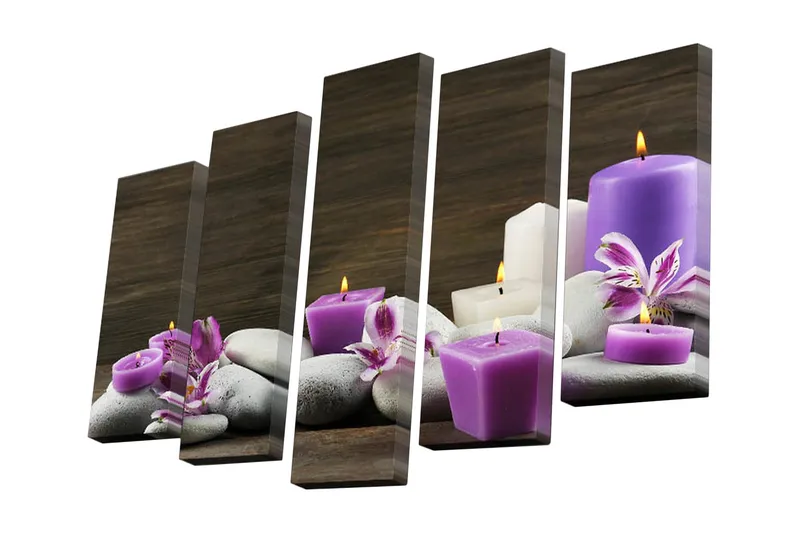 Canvastavla i 5 delar 82x50 cm - Lugnande arrangemang av ljus och stenar - Lila / Vit / Grå - Inredning - Tavlor & posters - Canvastavla