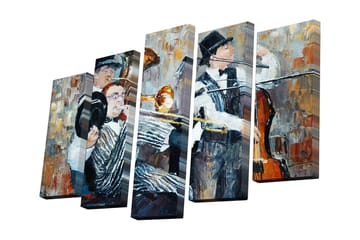 Canvastavla i 5 delar 82x50 cm - Musiker i en livlig jazzkomposition - Svart / Grå / Orange - Inredning - Tavlor & posters - Canvastavla