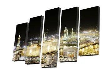Canvastavla i 5 delar 82x50 cm - Nattlig vy över den heliga platsen i Mecka med pilgrimsfärdande människor - Guld / Svart / Vit - Inredning - Tavlor & posters - Canvastavla
