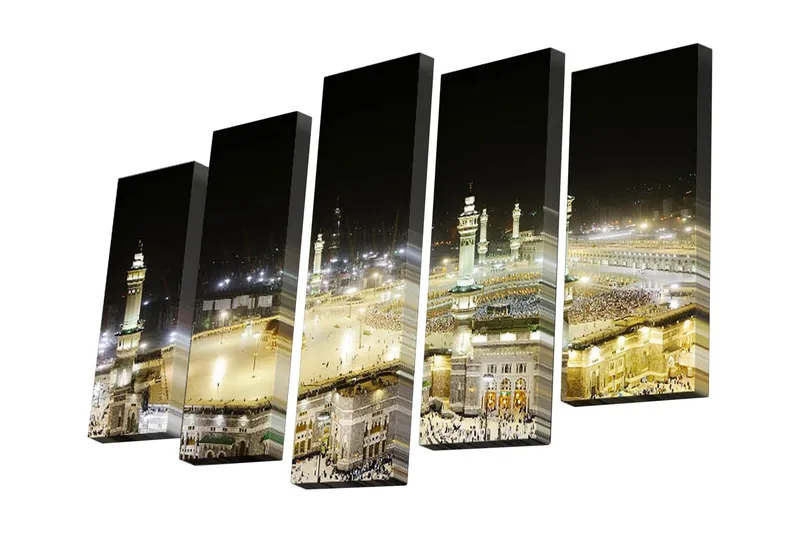 Canvastavla i 5 delar 82x50 cm - Nattlig vy över den heliga platsen i Mecka med pilgrimsfärdande människor - Guld / Svart / Vit - Inredning - Tavlor & posters - Canvastavla