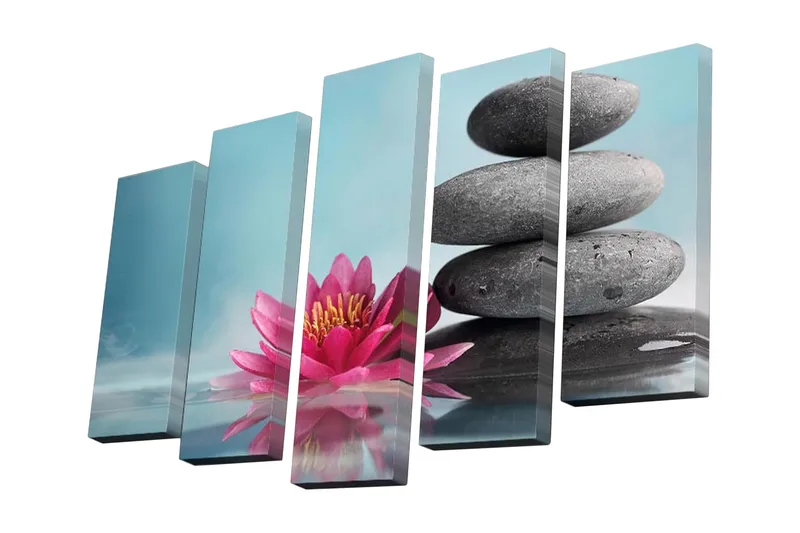 Canvastavla i 5 delar 82x50 cm - Rosa lotusblomma med staplade svarta stenar - Rosa / Svart / Ljusblå - Inredning - Tavlor & posters - Canvastavla