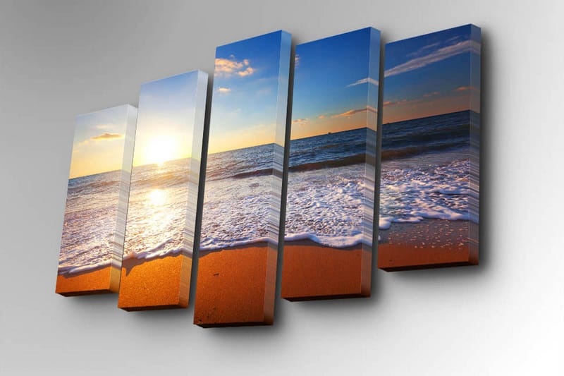 Canvastavla i 5 delar 82x50 cm - Solnedgång över havet med mjuka vågor som rullar in mot stranden - Blå / Orange / Vit - Inredning - Tavlor & posters - Canvastavla