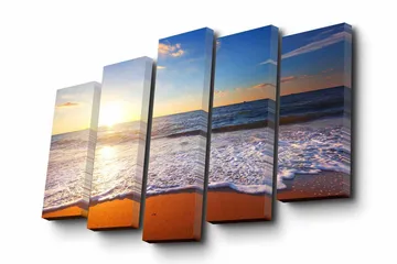 Canvastavla i 5 delar 82x50 cm - Solnedgång över havet med mjuka vågor som rullar in mot stranden - Blå / Orange / Vit - Inredning - Tavlor & posters - Canvastavla