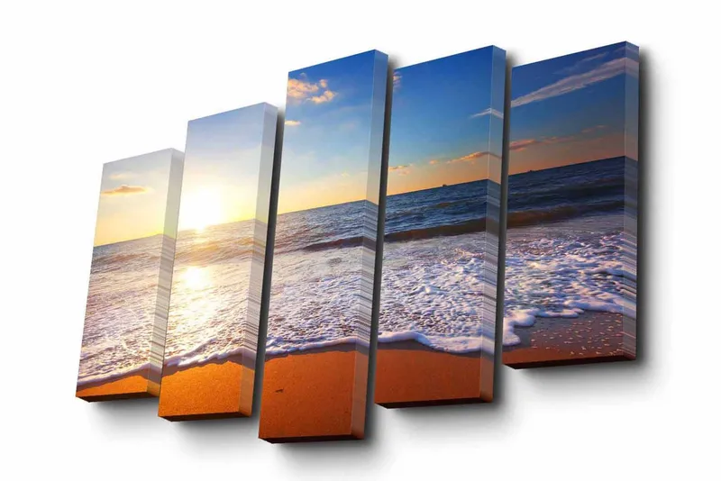Canvastavla i 5 delar 82x50 cm - Solnedgång över havet med mjuka vågor som rullar in mot stranden - Blå / Orange / Vit - Inredning - Tavlor & posters - Canvastavla