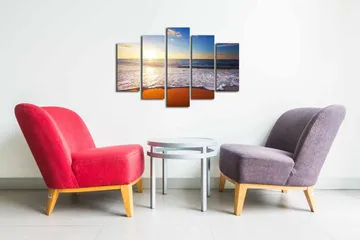 Canvastavla i 5 delar 82x50 cm - Solnedgång över havet med mjuka vågor som rullar in mot stranden - Blå / Orange / Vit - Inredning - Tavlor & posters - Canvastavla