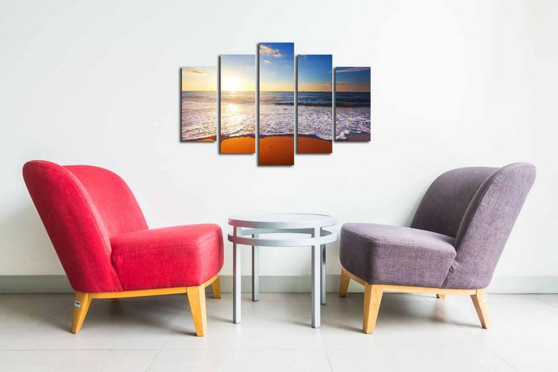 Canvastavla i 5 delar 82x50 cm - Solnedgång över havet med mjuka vågor som rullar in mot stranden - Blå / Orange / Vit - Inredning - Tavlor & posters - Canvastavla