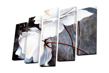 Canvastavla i 5 delar 82x50 cm - Stiliserade vita blommor med mörka detaljer - Vit / Svart / Grå - Inredning - Tavlor & posters - Canvastavla