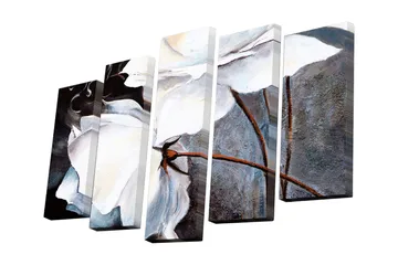 Canvastavla i 5 delar 82x50 cm - Stiliserade vita blommor med mörka detaljer - Vit / Svart / Grå - Inredning - Tavlor & posters - Canvastavla